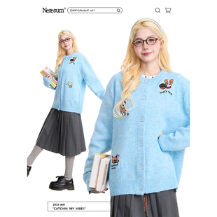 慵懒风减龄休闲针织衫 新款 毛衣女秋季 NERESUM趣味小狗刺绣开衫