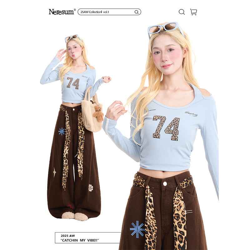 NERESUM美式辣妹运动风短款长袖女潮牌设计感秋季修身露肩上衣T恤,女装/女士精品,T恤,淘宝优惠券,粉丝福利购,淘宝优惠卷