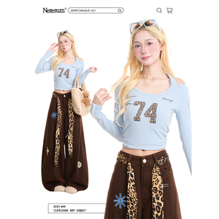 修身 NERESUM美式 女潮牌设计感秋季 长袖 露肩上衣T恤 辣妹运动风短款