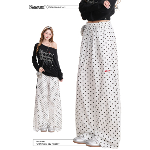 百搭速干通勤休闲裤 NERESUM满印波点阔腿裤 女复古春夏宽松直筒裤