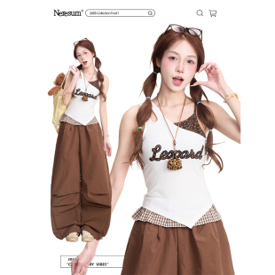 上衣 修身 NERESUM美式 字母豹纹拼接吊带背心女复古街头设计感夏季