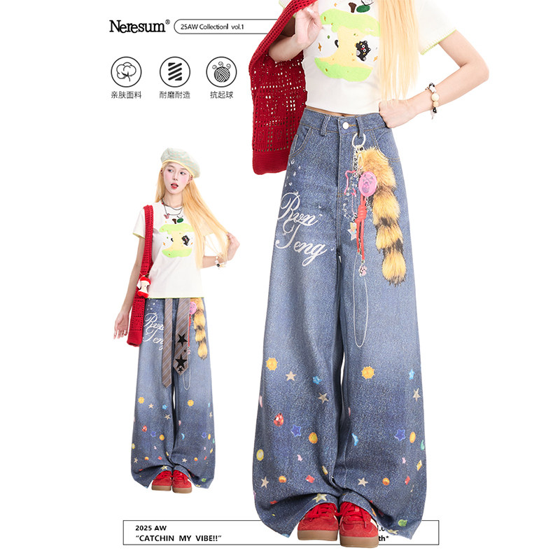 NERESUM贴纸印花牛仔裤女美式高街水洗直筒裤慵懒小众百搭休闲裤,女装/女士精品,牛仔裤,淘宝优惠券,粉丝福利购,淘宝优惠卷