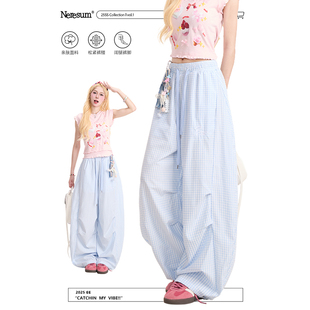 轻薄阔腿裤 NERESUM蓝色格纹休闲裤 新款 潮牌褶皱弯刀裤 子 女美式