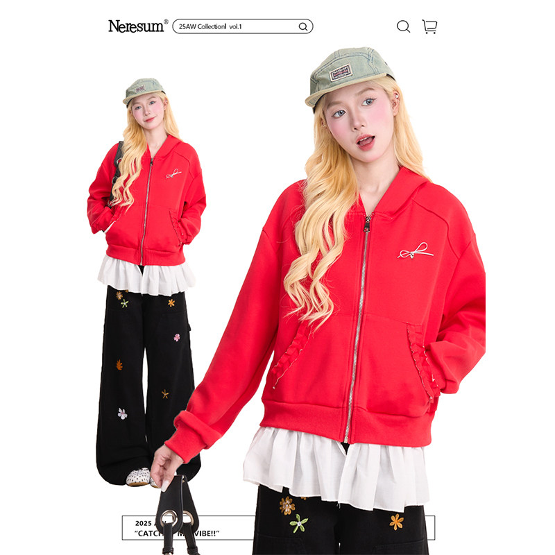 NERESUM复古裙摆拼接拉链外套