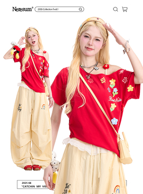 NERESUM花卉印花吊带短袖T恤女夏季设计感甜辣宽松百搭红色上衣