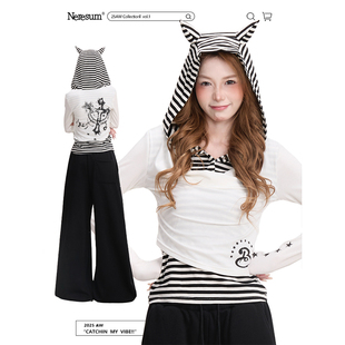 NERESUM十字架印花假两件长袖 条纹拼接设计感连帽上衣 T恤女美式