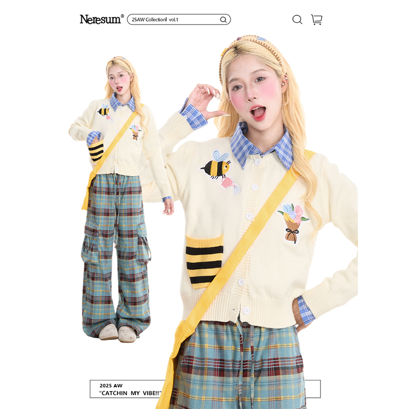 NERESUM趣味小蜜蜂刺绣开衫毛衣女慵懒风新款秋冬短款保暖针织衫
