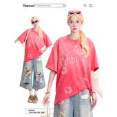 T恤女潮牌渐变小众宽松半袖 NERESUM美式 高街烫珠Kitty猫短袖 上衣