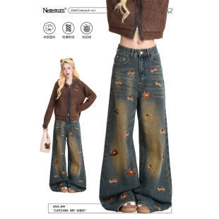 小众直筒拖地裤 复古秋冬阔腿裤 女美式 NERESUM趣味卡通刺绣牛仔裤