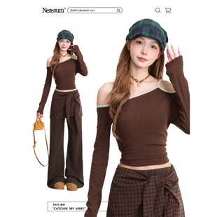 辣妹斜领长袖 打底衫 T恤女秋季 修身 上衣 露肩显瘦短款 NERESUM美式