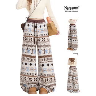 保暖阔腿裤 复古慵懒宽松休闲裤 女冬季 NERESUM费尔岛羊羔绒棉裤