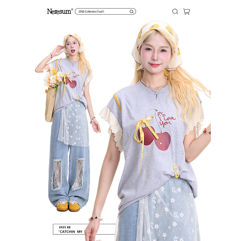 NERESUM蕾丝拼接小飞袖短袖