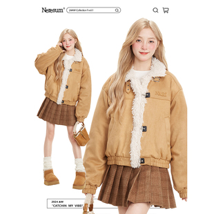 外套 复古仿羊羔绒加厚短款 NERESUM美式 高级感麂皮立领棉衣女冬季