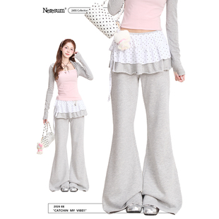 NERESUM复古波点屁帘喇叭裤女韩系轻亚风显瘦阔腿裤微喇休闲裤