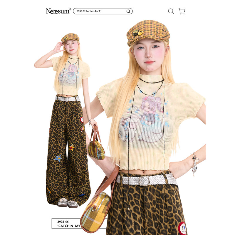 NERESUM卡通印花半高领短袖T恤女夏季新款设计感减龄修身短款上衣,女装/女士精品,T恤,淘宝优惠券,粉丝福利购,淘宝优惠卷