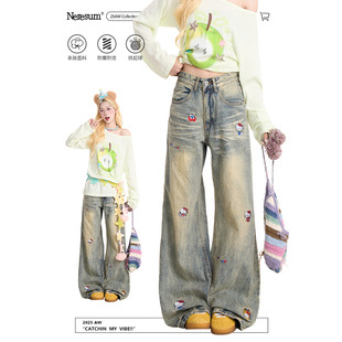 百搭直筒长裤 NERESUM复古怀旧蓝牛仔裤 女潮牌Kitty猫刺绣阔腿裤