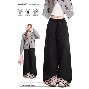 葫芦格加厚保暖直筒休闲裤 女冬季 豹纹拼接卷边棉裤 NERESUM美式