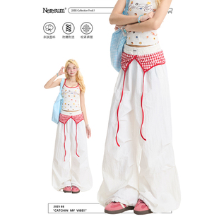 百搭长裤 女格子拼接设计感夏季 复古叠穿阔腿伞兵裤 NERESUM美式