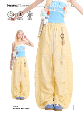 NERESUM波点黄色裤子休闲裤女美式潮牌褶皱阔腿裤显瘦垂感直筒裤