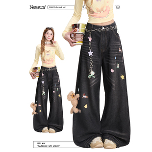 潮牌百搭直筒裤 垂感宽松阔腿裤 女美式 NERESUM卡通刺绣挂件牛仔裤