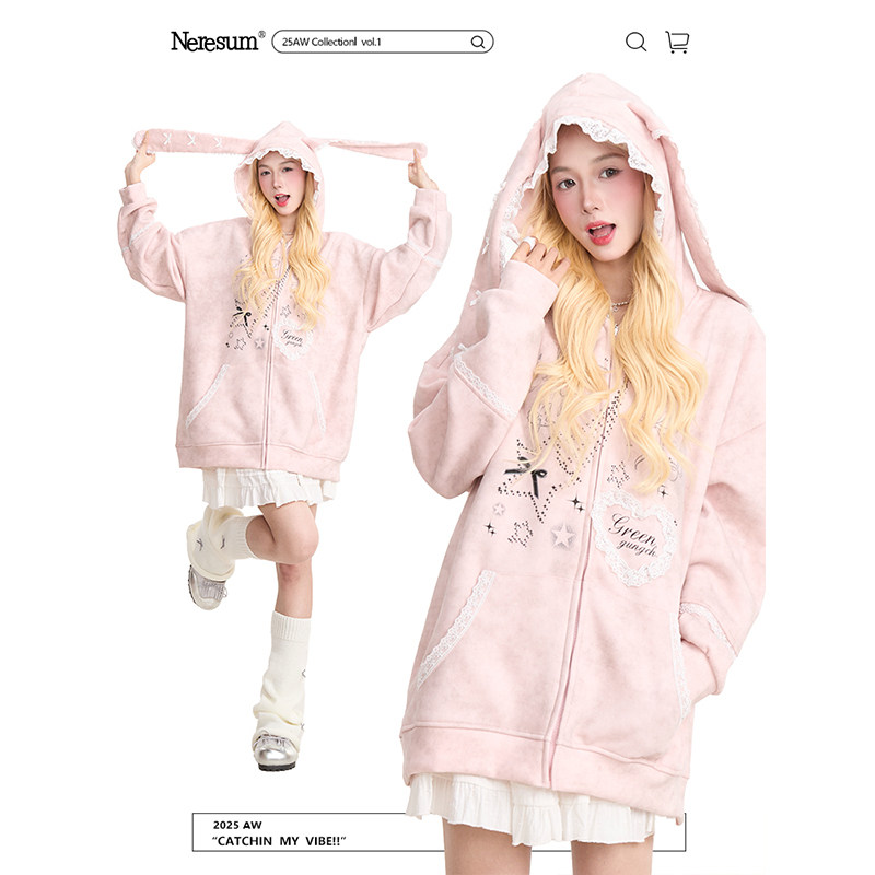 NERESUM兔耳蕾丝拼接连帽卫衣女甜美慵懒秋冬宽松小众开衫外套