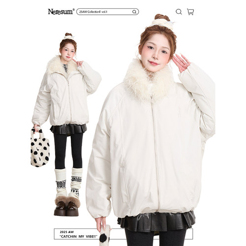 NERESUM米白色毛领棉服外套