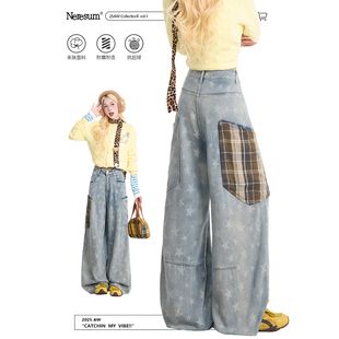 NERESUM星星满印牛仔裤女设计感大口袋阔腿裤街头水洗直筒长裤