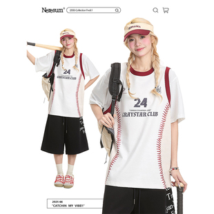 球衣女宽松休闲透气T恤 运动风拼接字母镂空短袖 NERESUM夏季 美式