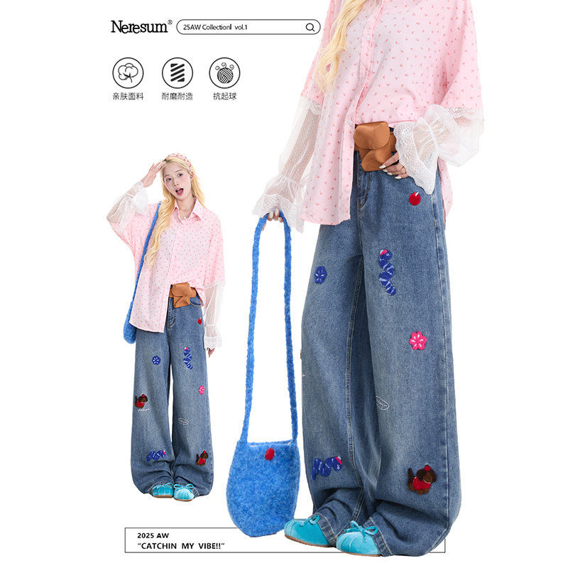 NERESUM趣味卡通刺绣水洗牛仔裤