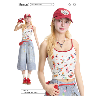 无袖 NERESUM卡通印花吊带背心女美式 百搭减龄短款 修身 上衣 夏季