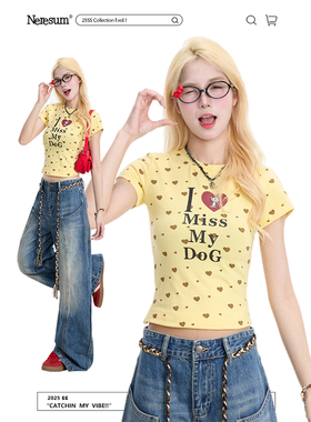 NERESUM多巴胺黄色爱心字母印花短袖女2025夏日小众设计度假风T恤