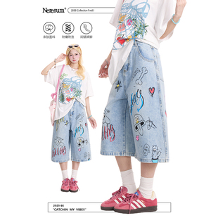 百搭蓝色牛仔短裤 水洗慵懒夏季 女美式 NERESUM趣味手绘涂鸦七分裤