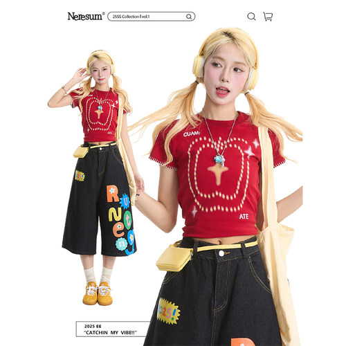 NERESUM创意印花甜辣短款短袖