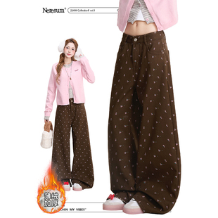 NERESUM小碎花满印牛仔裤女韩系复古水洗直筒裤秋冬阔腿拖地裤
