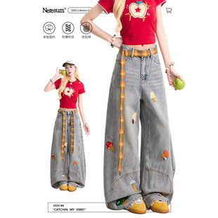 小众显瘦阔腿裤 复古设计感直筒裤 女美式 NERESUM卡通毛巾绣牛仔裤