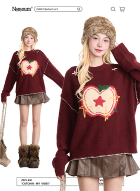 NERESUM苹果植绒复古红色毛衣女秋冬慵懒氛围感宽松保暖针织衫