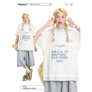 NERESUM短袖女夏季美式潮牌半拉链字母T恤宽松街头运动风半袖上衣
