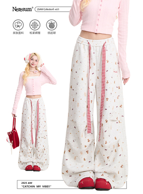 NERESUM满印卡通秋冬加绒卫裤女美式褶皱慵懒休闲裤宽松阔腿裤