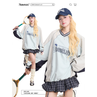 复古慵懒风速干宽松上衣 卫衣女秋季 NERESUM美式 撞色运动风长袖