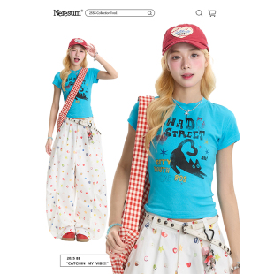 短款 NERESUM趣味猫咪印花正肩短袖 潮牌夏季 甜酷修身 上衣 T恤女美式