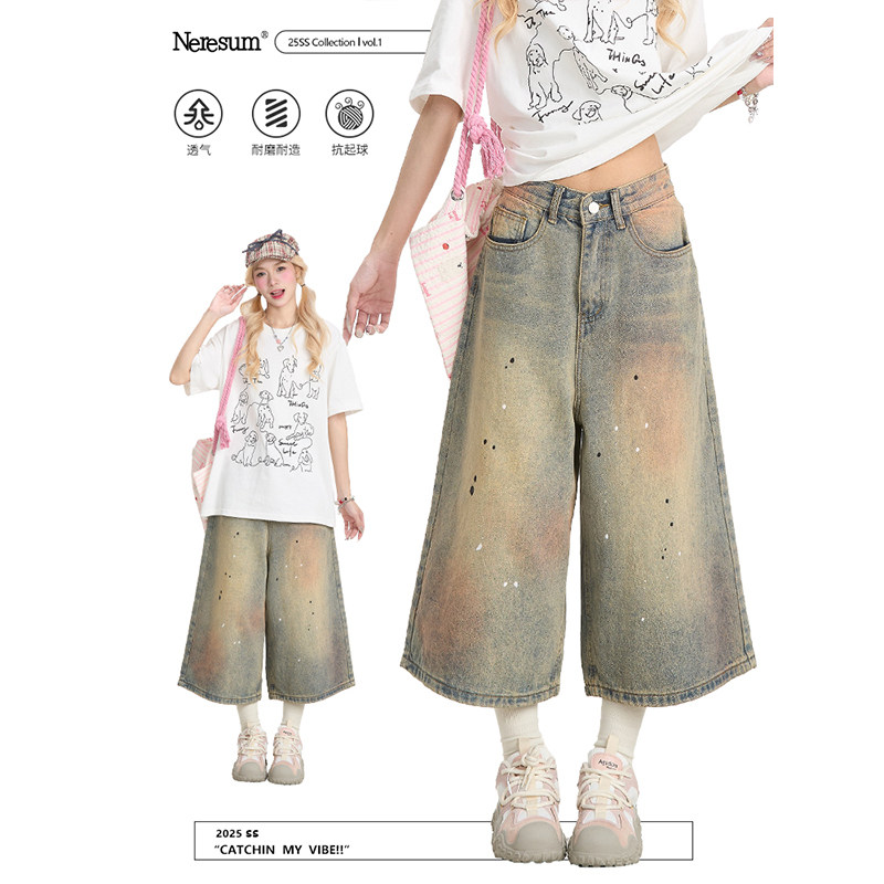 NERESUM牛仔短裤女夏季新款美式做旧脏染裤子宽松直筒阔腿七分裤,女装/女士精品,牛仔裤,淘宝优惠券,粉丝福利购,淘宝优惠卷