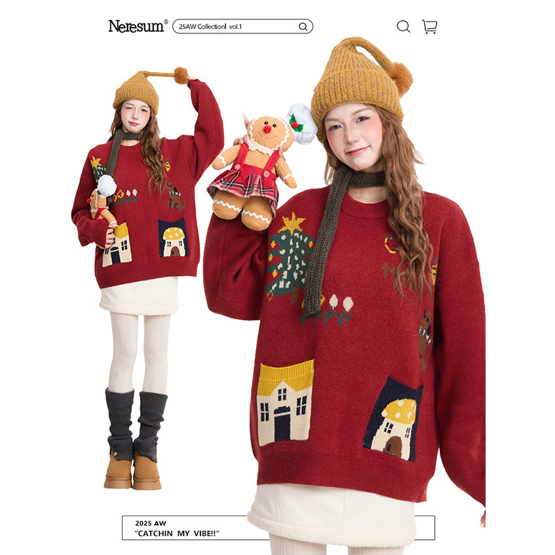 NERESUM圣诞氛围感红色毛衣女秋冬2025新款慵懒软糯宽松针织上衣,女装/女士精品,毛衣,淘宝优惠券,粉丝福利购,淘宝优惠卷