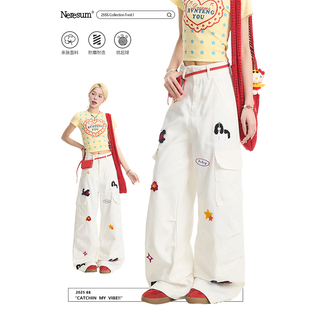 NERESUM趣味刺绣工装裤女美式多口袋褶皱直筒裤宽松显瘦百搭裤子