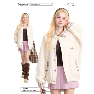 NERESUM甜美格纹外套女拼接翻领夹克秋冬美式 高级感宽松棒球服