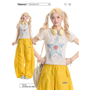 T恤女设计感正肩修身 短袖 百搭上衣 复古星星涂鸦短款 NERESUM美式