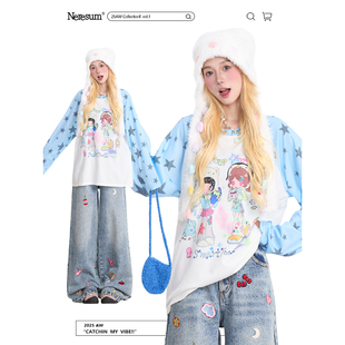 复古慵懒宽松速干圆领上衣 T恤女秋季 NERESUM美式 卡通星星印花长袖