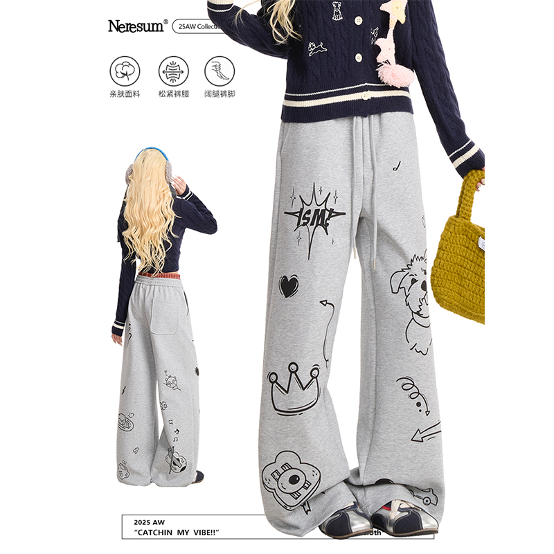 NERESUM卡通手绘印花直筒卫裤