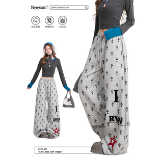 垂感阔腿休闲裤 NERESUM美式 潮牌运动直筒裤 女秋季 十字架满印卫裤