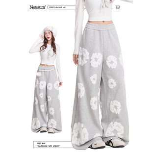 NERESUM木棉花发泡印花卫裤女设计感垂感休闲裤直筒显瘦阔腿裤