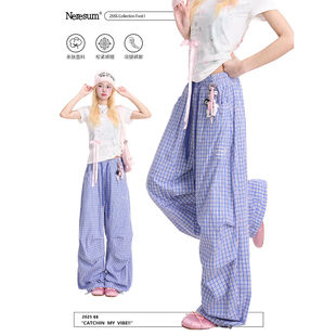 慵懒风垂感小众裤 NERESUM复古蓝色格纹工装 褶皱直筒裤 女美式 子 裤